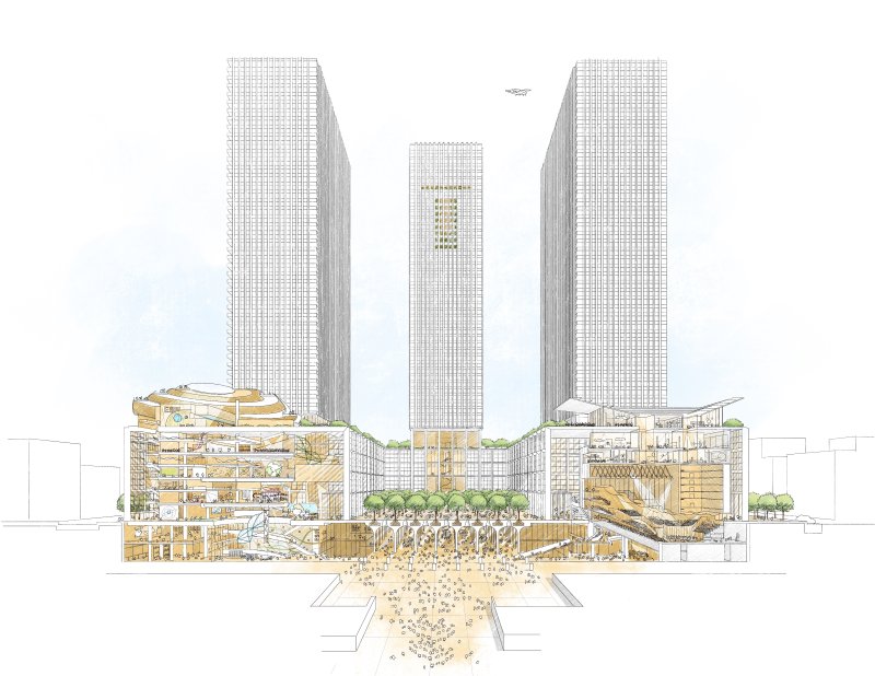 서울 강남구 삼성동에 들어설 현대자동차그룹의 신사옥 단지 '글로벌 비즈니스 콤플렉스(GBC)' 투시도. 타워동 저층부엔 전시·공연장이 자리한 모습이다(현대차그룹 제공). 2025.03.19.