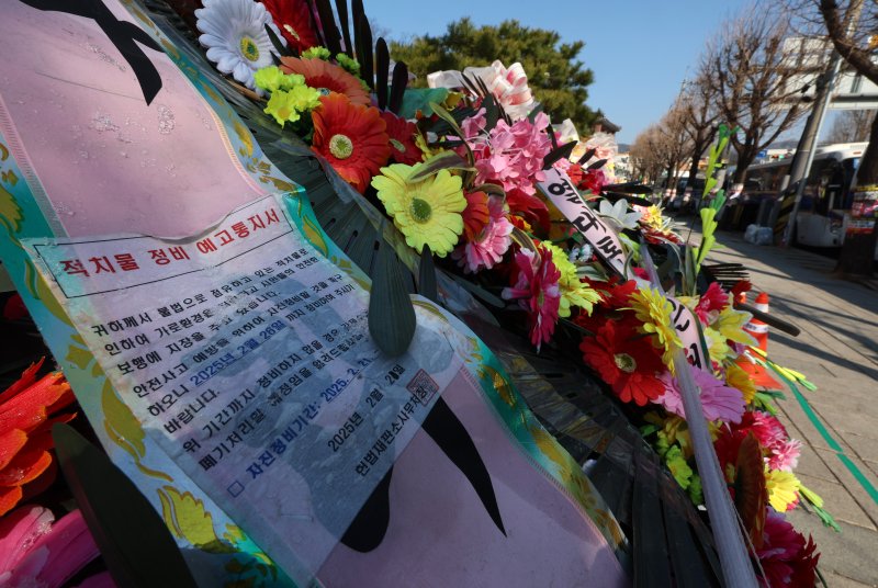 [서울=뉴시스] 이영환 기자 = 윤석열 대통령 탄핵심판 선고가 예상보다 늦어지고 있는 19일 오전 서울 종로구 헌법재판소 앞에 윤 대통령 지지자들이 보낸 화환이 놓여 있다.헌법재판소 사무처장이 지난 달 26일까지 자진 정비를 요청하며 적치물 정비 예고통지서를 부착했지만 화환은 방치되고 있다. 2025.03.19. 20hwan@newsis.com