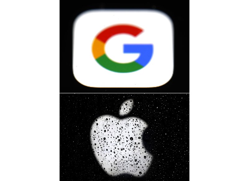 FILE - This combo of photos shows the logo for Google, top and Apple, bottom. U.K. competition regulators are looking into Apple and Google smartphone operating systems, app stores and browsers, over concern that the two tech giants' control of "mobile ecosystems" is harming consumers. The Competiti