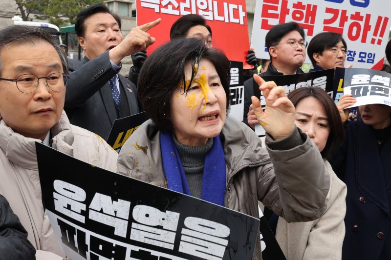 백혜련 더불어민주당 의원이 20일 오전 서울 종로구 헌법재판소 앞에서 가진 윤석열 대통령 신속 파면 촉구 기자회견에서 계란을 얼굴에 맞은 후 윤석열 지지자들에게 항의하고 있다. 2025.3.20/뉴스1 ⓒ News1 신웅수 기자