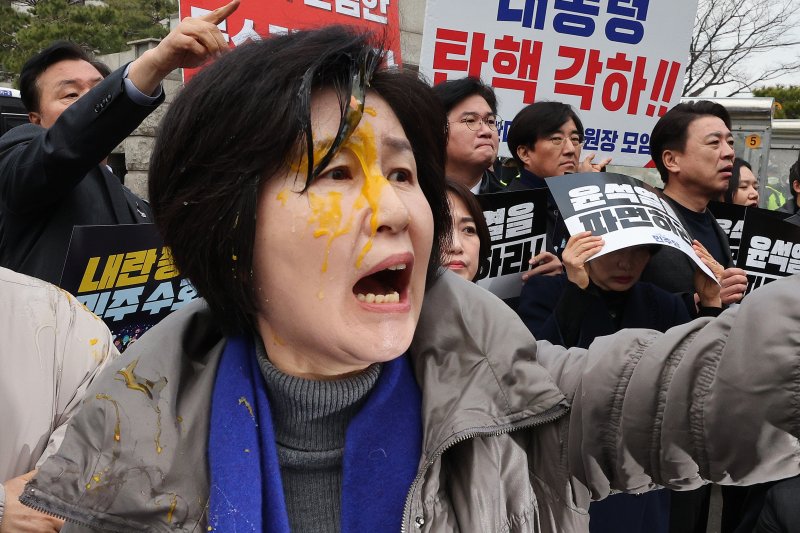 백혜련 더불어민주당 의원이 20일 오전 서울 종로구 헌법재판소 앞에서 가진 윤석열 대통령 신속 파면 촉구 기자회견에서 계란을 얼굴에 맞은 후 윤석열 지지자들에게 항의하고 있다. 2025.3.20/뉴스1 ⓒ News1 신웅수 기자