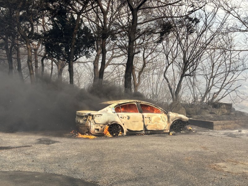 22일 경남 산청 시천면에서 산불이 발생해 민가의 차량이 전소되고 있다. 2025.3.22/뉴스1 ⓒ News1 강미영 기자