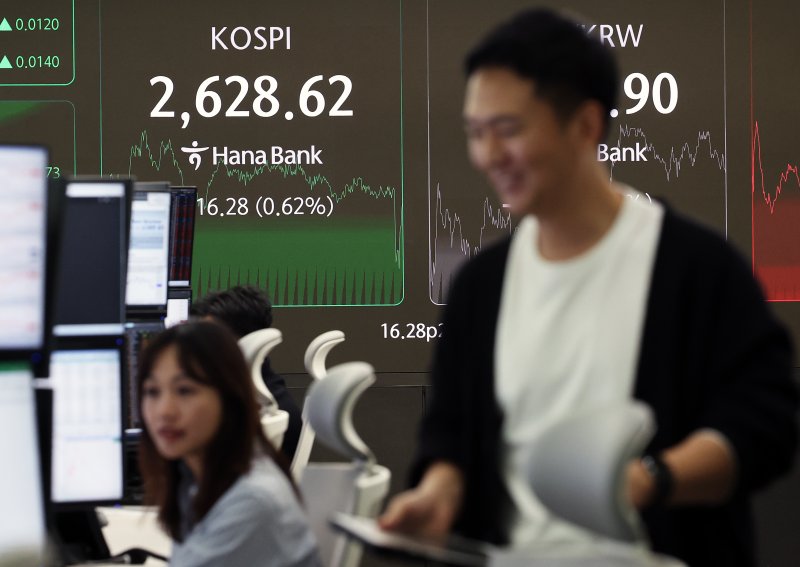 코스피 지수가 외인과 기관의 동반 매수로 상승 마감한 19일 오후 서울 중구 하나은행 딜링룸 전광판에 종가가 표시되고 있다. 이날 코스피 지수는 전 거래일 대비 16.28p(0.62%) 오른 2628.62, 코스닥 지수는 7.19포인트(0.96%) 내린 738.35로 장을 마쳤다. 2025.3.19/뉴스1 ⓒ News1 오대일 기자
