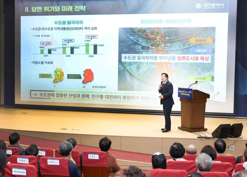 [대전=뉴시스] 이장우 대전시장이 25일 국회에서 열린 대전충남 통합 국회 정책포럼에서 통합 당위성에 대해 설명하고 있다. (사진=대전시 제공) 2025.03.25. photo@newsis.com *재판매 및 DB 금지