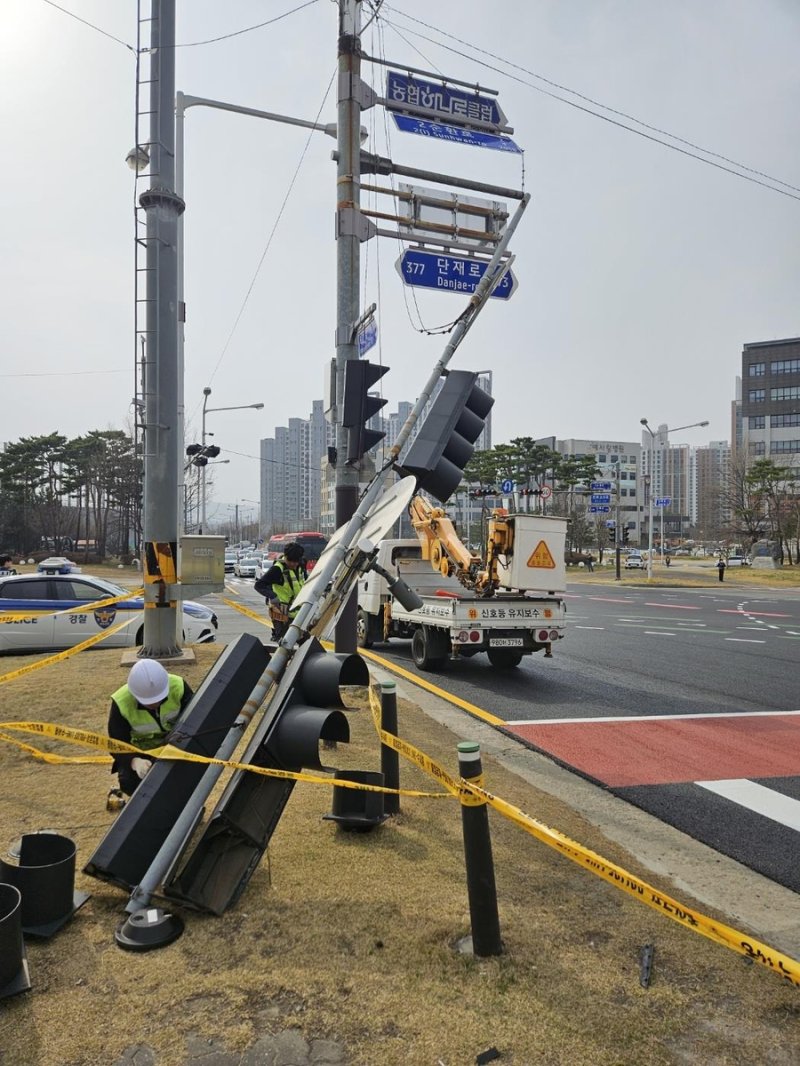 꺾인 신호등 (출처=연합뉴스)
