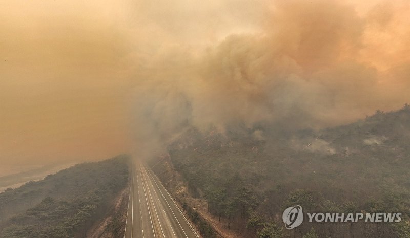 산불로 통제된 고속도로 (출처=연합뉴스)