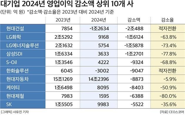 대기업 2024년 영업이익 감소액 상위 10곳 (출처=연합뉴스)