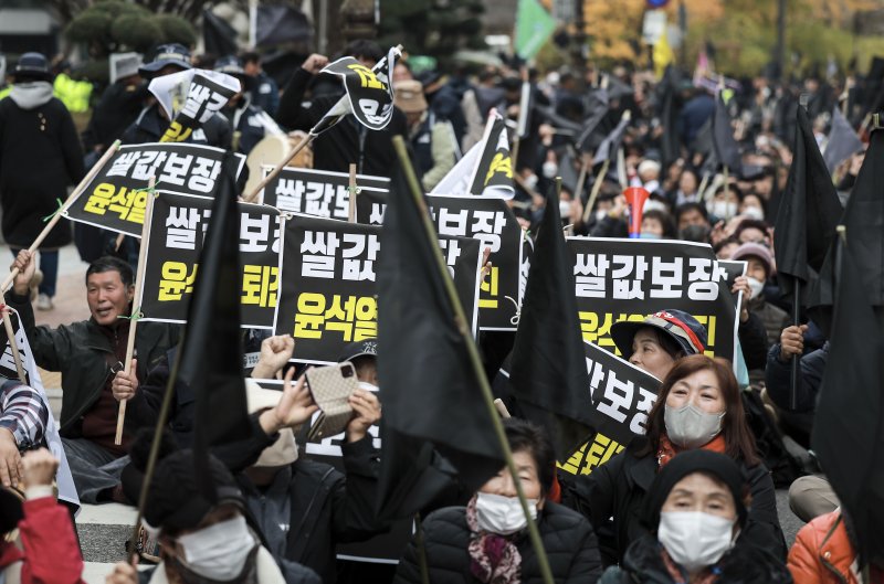 [서울=뉴시스] 정병혁 기자 = 사진은 지난해 11월 20일 서울 서대문구 농협중앙회 앞에서 열린 쌀값보장 농민결의대회에 참가한 농민들이 구호를 외치고 있는 모습. 2024.11.20. jhope@newsis.com