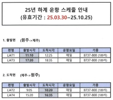 2025년 원주공항 하계 운항 일정 (출처=연합뉴스)
