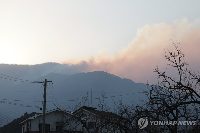 일몰 무렵 확산하는 산불 연기 (출처=연합뉴스)