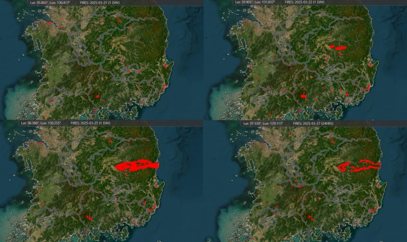 미 항공우주국 화재 정보 자원 관리 시스템(NASA FIRMS)가 공개한 한반도의 산불 정보. 산불 발생 지역을 의미하는 붉은 점의 영역이 점차 넓어진 모습을 보이고 있다. (사진=NASA FIRMS) *재판매 및 DB 금지