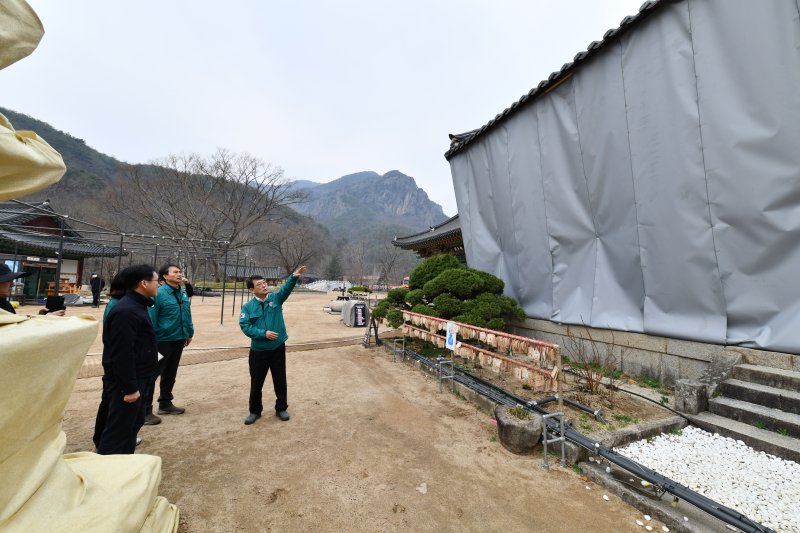 최응천 국가유산청장이 28일 경상북도 청송군 소재 사찰인 대전사를 방문해 산불 대비 방염포 작업을 한 보물 ‘청송 대전사 보광전’을 관계자들과 함께 점검하고 있다. (국가유산청 제공. 재판매 및 DB 금지) 2025.3.28/뉴스1