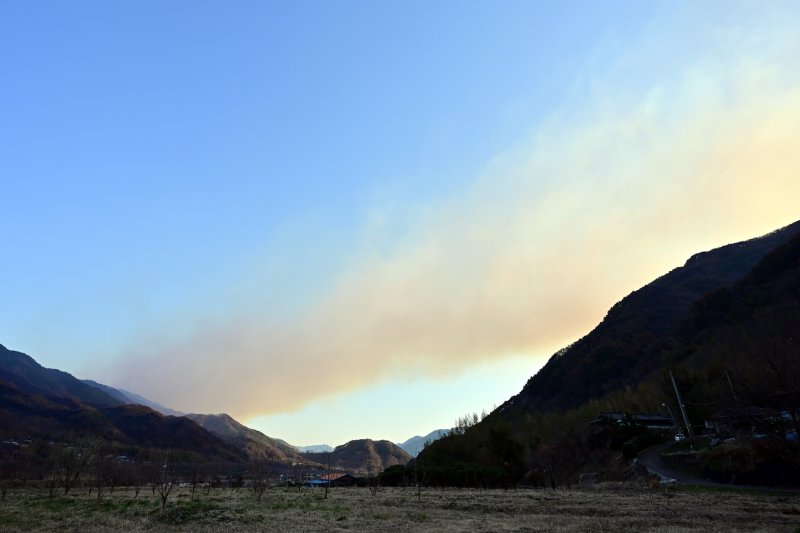 [산청=뉴시스] 차용현 기자 = 경남 산청 산불 발생 9일째를 맞은 29일 오전 산불이 뿜어낸 흰 연기가 하늘을 뒤덮고 있다. 2025.03.29. con@newsis.com