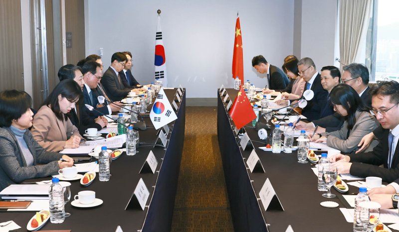 [서울=뉴시스] 정병혁 기자 = 안덕근 산업통상자원부 장관이 29일 서울 중구 롯데호텔에서 제13차 한·일·중 경제통상장관회의 참석 계기로 방한한 왕 원타오 중국 상무부 부장과 면담을 하고 있다.(사진=산업통상자원부 제공) 2025.03.29. photo@newsis.com *재판매 및 DB 금지