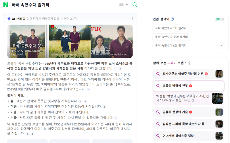 네이버 '폭싹 속았수다 줄거리' 검색 결과 'AI 브리핑' 발췌.