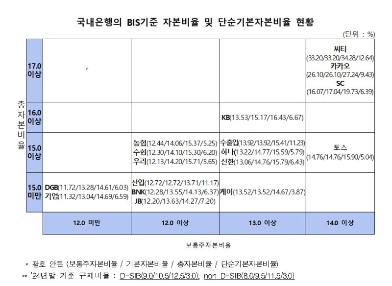 2024년 말 은행지주회사 및 은행 BIS(국제결제은행) 기준 자본비율 현황(잠정). (자료=금융감독원 제공) photo@newsis.com *재판매 및 DB 금지