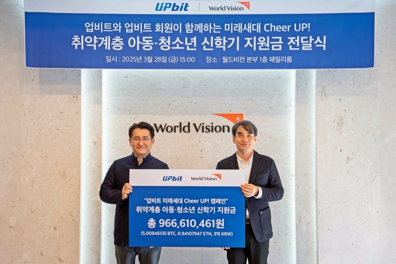 업비트 '미래 세대 Cheer UP!' 캠페인 기부금 전달식에서 박영준 두나무 상무(좌측), 김성태 월드비전 ESG 사회공헌 본부장(우측)이 기념사진을 촬영하고 있다.j