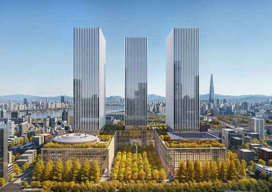 서울 강남구 삼성동에 들어설 현대자동차그룹의 신사옥 단지 '글로벌 비즈니스 콤플렉스(GBC)' 조감도. 축구장 2배 크기의 시민 개방형 도심숲이 단지 중앙에 자리한 모습(현대차그룹 제공)