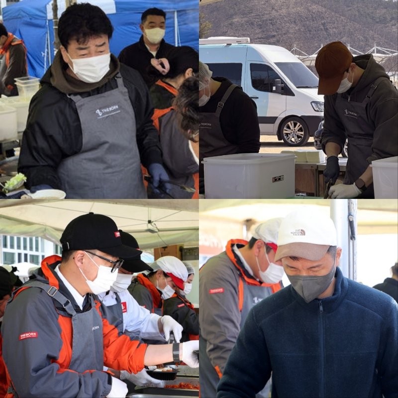 1일 백종원, 김응서, 송하슬람, 강승원 셰프가 안동 산불 이재민 대피소에서 급식·조리 봉사를 하고 있다(안동시 제공. 재판매 및 DB금지)2025.4.1/뉴스1 신성훈 기자
