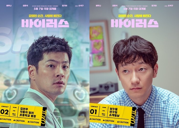 Promotional poster for 'Virus' featuring characters in pink protective suits.