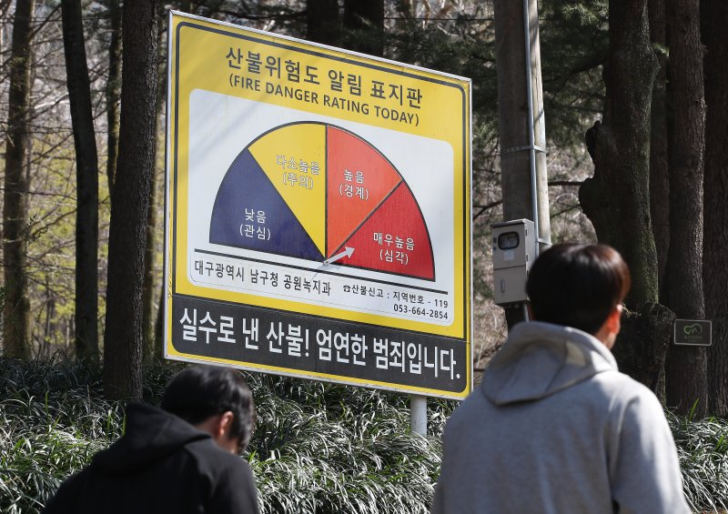 1일 오후 대구 남구 앞산 입구에 설치된 '산불위험도 알림 표지판'이 매우높음(심각)을 가리키고 있다. 2025.4.1/뉴스1 ⓒ News1 공정식 기자