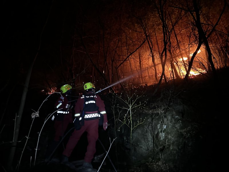 지난달 26일 밤 경북 산청군 시천면에서 산림청 공중진화대 및 산불재난특수진화대가 민가 및 지리산을 지키기 위해 사투를 벌이고 있다. (산림청 제공.재판매 및 DB금지)/뉴스1