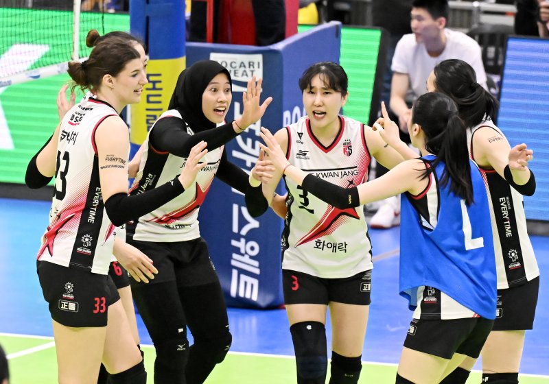 [서울=뉴시스] 프로배구 정관장 선수들이 29일 수원체육관에서 열린 도드람 2024~2025 V-리그 여자부 플레이오프(PO) 3차전에서 현대건설을 상대로 득점에 성공한 뒤 동료들과 환호하고 있다. (사진=KOVO 제공) 2025.03.29. *재판매 및 DB 금지