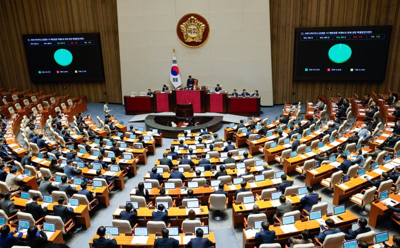 2일 오후 서울 여의도 국회에서 열린 제423회국회(임시회) 제3차 본회의에서 코로나바이러스감염증-19 예방접종 피해보상 등에 관한 특별법안(대안)이 재적 300인, 재석 265인, 찬성 263인, 반대 0인, 기권 2인으로 통과되고 있다. 2025.4.2/뉴스1 ⓒ News1 안은나 기자
