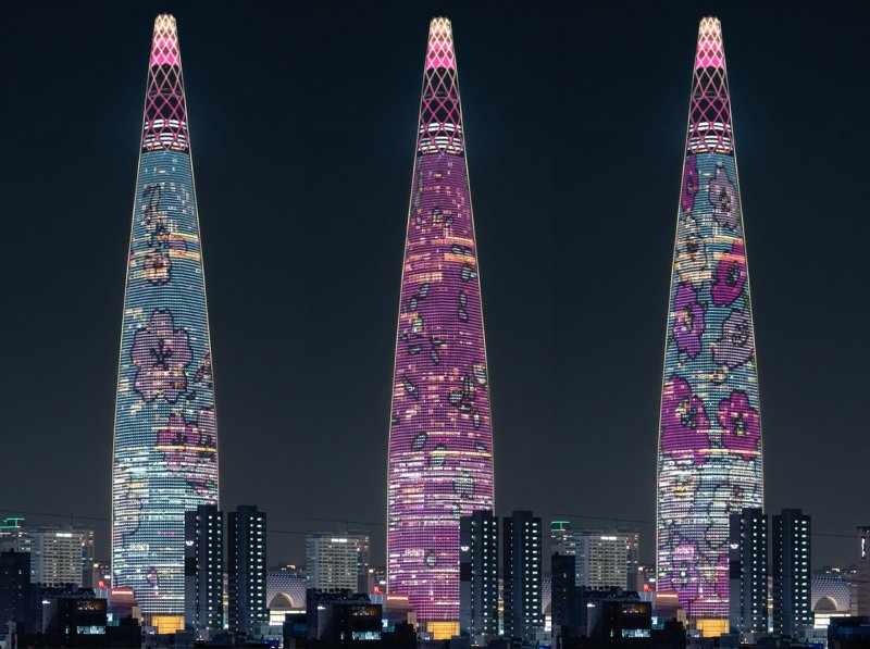 '벚꽃이 활짝' 봄옷 갈아입은 롯데월드타워