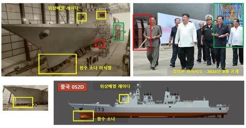 북한이 건조 중인 신형 전투함(왼쪽 위·아래) (출처=연합뉴스)