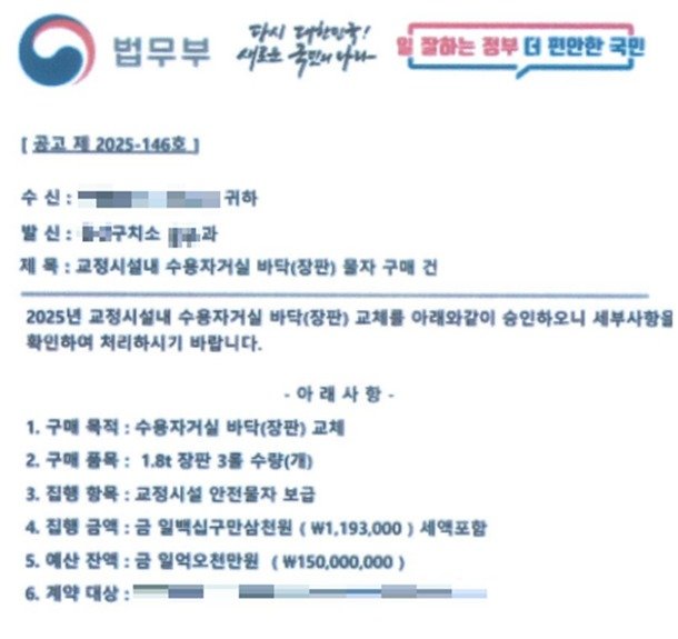 실제 사칭 사기에 사용된 위조 공문.(울산구치소제공. 재판매 및 DB 금지)