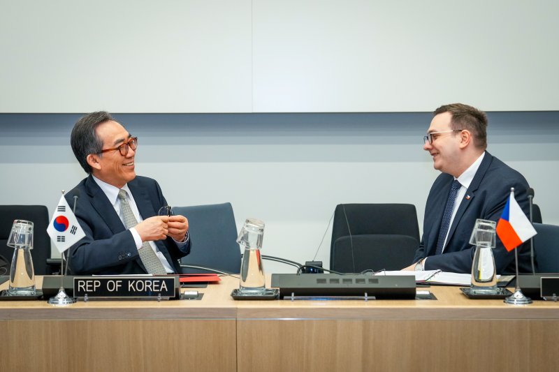 [서울=뉴시스] 북대서양조약기구(NATO·나토) 외교장관회의에 참석 중인 조태열 외교부 장관은 3(현지시간) 얀 리파브스키 체코 외교장관과 양자회담을 가졌다. (사진=외교부 제공) 2025.04.04. *재판매 및 DB 금지