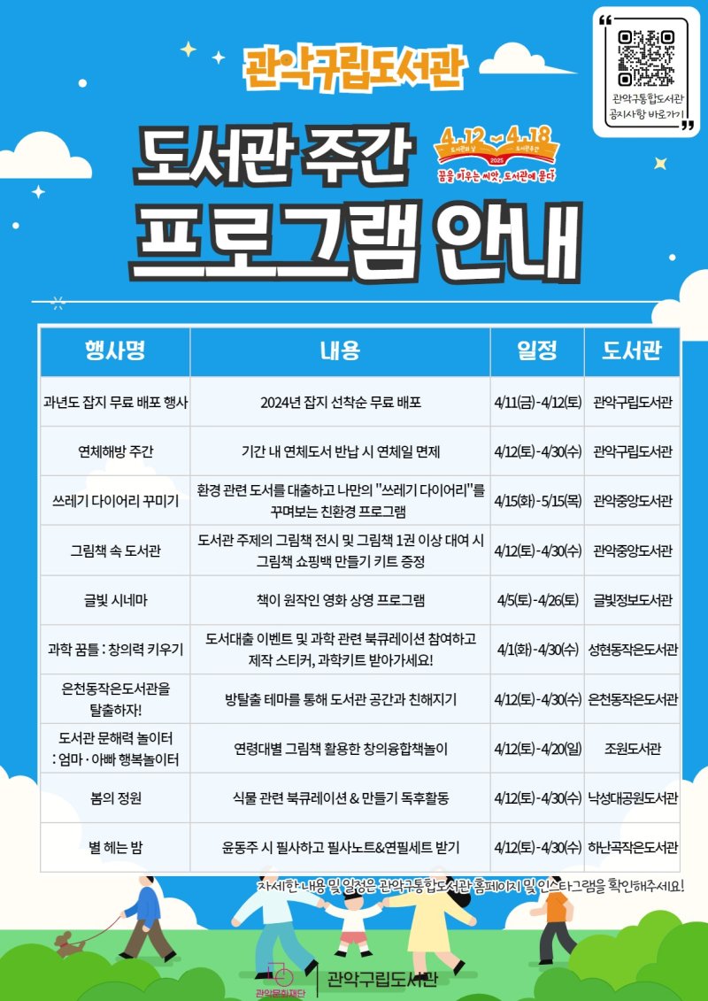 [서울=뉴시스] 관악구립도서관 '도서관 주간' 포스터(사진=관악문화재단 제공) 2025.04.04. photo@newsis.com *재판매 및 DB 금지