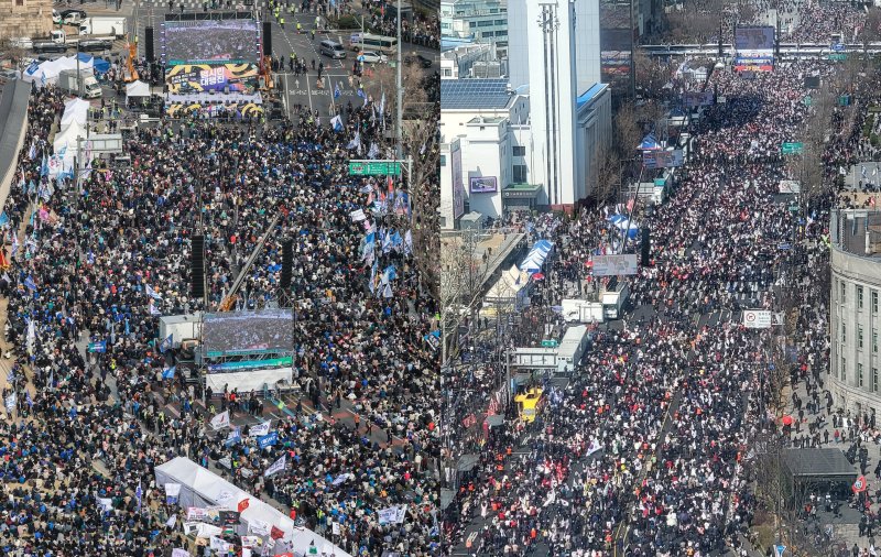 [서울=뉴시스] 15일 서울 종로구에서 열린 윤석열 대통령 탄핵 찬성 시위(좌)와 반대 집회(우). (출처=뉴시스DB) 2023.03.17. photo@newsis.com *재판매 및 DB 금지