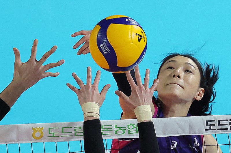 6일 오후 대전 중구 충무체육관에서 열린 프로배구 '2024-2025 도드람 V리그' 여자부 챔피언결정전 4차전, 정관장과 흥국생명의 경기에서 흥국생명 김연경이 공격을 펼치고 있다. 2025.4.6/뉴스1 ⓒ News1 박정호 기자