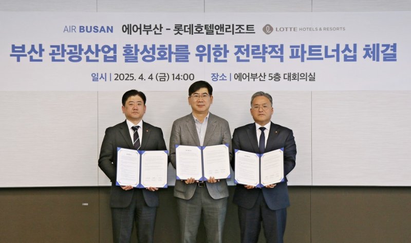 지난 4일 부산 강서구 에어부산 사옥에서 열린 업무협약식에서 권정근(오른쪽부터) 롯데호텔앤리조트 마케팅 본부장, 송명익 에어부산 영업본부장, 최승훈 롯데호텔 부산 총지배인이 기념 촬영을 하고 있다. (롯데호텔앤리조트 제공)