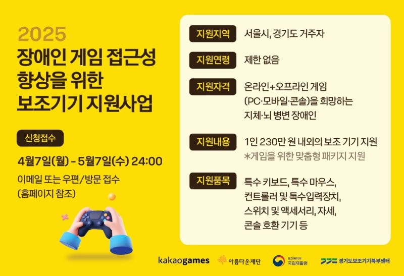 카카오게임즈가 지체·뇌병변 장애인 게임 보조기기 지원 사업 신청자를 7일부터 모집한다.(카카오게임즈 제공. 재판매 및 DB금지)2025.4.7/뉴스1