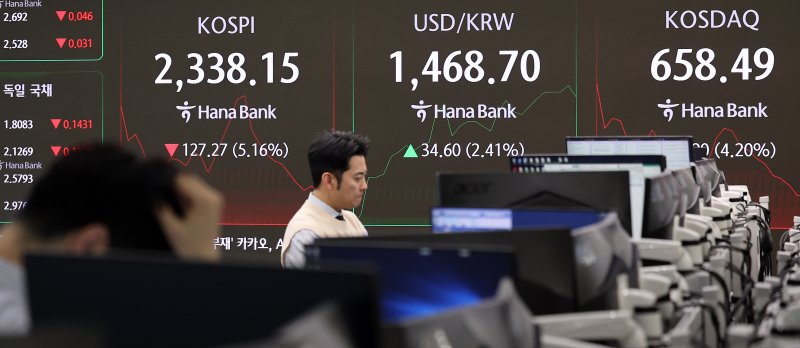 코스피 지수가 장중 2400대 아래로 떨어진 7일 서울 중구 하나은행 본점 딜링룸에서 직원들이 업무를 보고 있다. 코스피가 장중 2400대 아래로 떨어진 건 지난 1월 2일 이후 처음이다. 2025.4.7/뉴스1 ⓒ News1 박지혜 기자