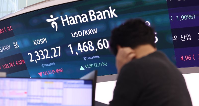 코스피 지수가 장중 2400대 아래로 떨어진 7일 서울 중구 하나은행 본점 딜링룸에서 직원들이 업무를 보고 있다. 코스피가 장중 2400대 아래로 떨어진 건 지난 1월 2일 이후 처음이다. 2025.4.7/뉴스1 ⓒ News1 박지혜 기자