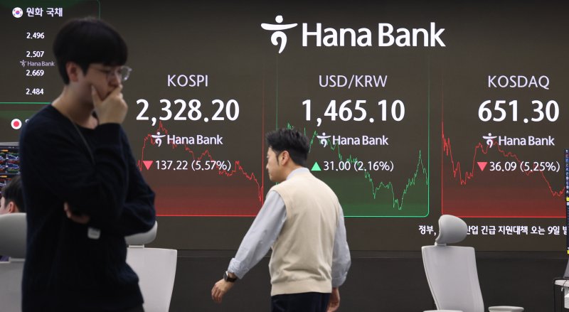 7일 서울 중구 하나은행 딜링룸 전광판에 종가 현황이 표시돼 있다. 2025.4.7/뉴스1 ⓒ News1 박지혜 기자