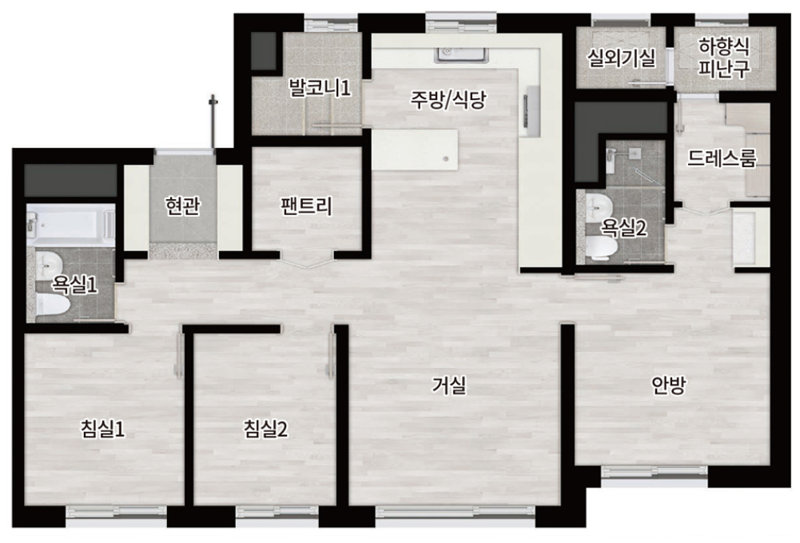 풍무역 롯데캐슬 시그니처 전용 65㎡A 확장형 평면. 부동산인포 제공