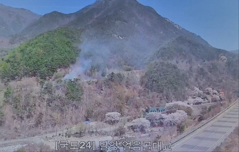 [밀양=뉴시스] 8일 낮 12시27분께 경남 밀양시 산내면 삼양리 야산에서 불이 나 28분만에 주불이 진화됐다. (사진=산림청 제공) 2025.04.08. photo@newsis.com *재판매 및 DB 금지