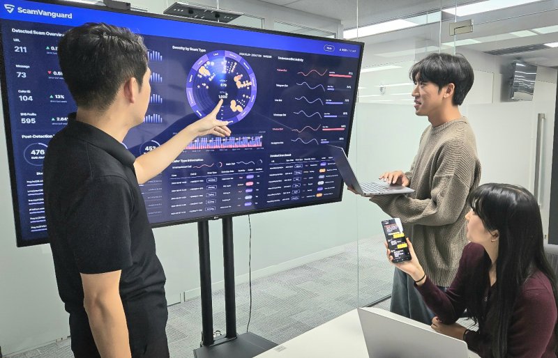 SKT 구성원들이 AI 사이버보안 기술인 '스캠뱅가드'를 점검하고 있다. SKT 제공