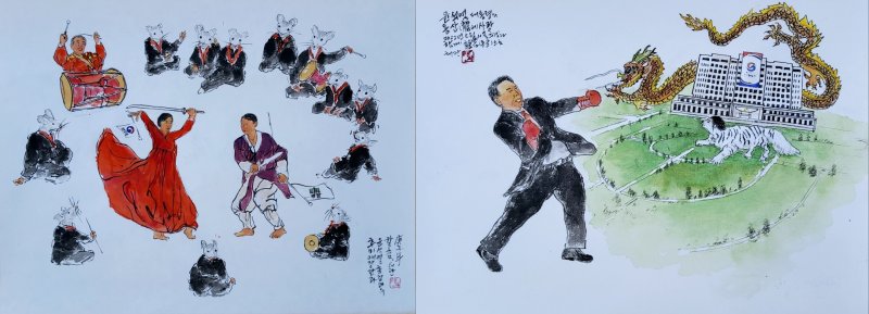 [목포=뉴시스]정태관 화가의 작품 '추미애 장관과 윤석열 총장과의 칼춤'(왼쪽)과 '윤석열 용산 사랑'. (사진=정태관 화가 제공) 2025.04.09. photo@newsis.com *재판매 및 DB 금지