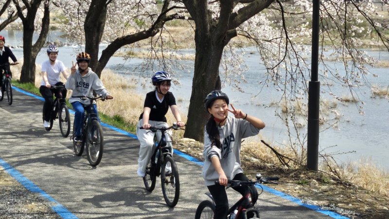 9일 충북 괴산 칠성중학교 학생과 교사들이 쌍천 벚꽃길에서 자전거를 타고 있다.(괴산증평교육지원청 제공, 재판매 및 DB금지)/뉴스1