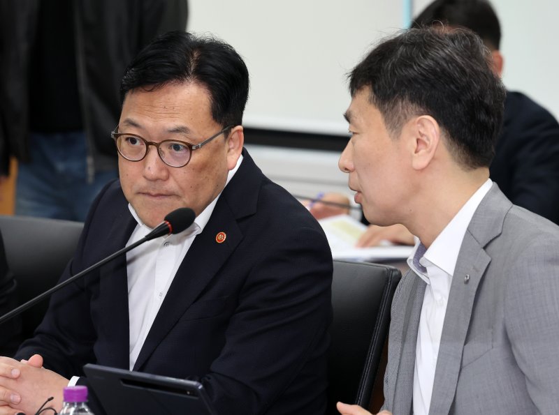 [서울=뉴시스] 배훈식 기자 = 김병환(왼쪽) 금융위원장이 7일 오전 서울 종로구 정부서울청사에서 열린 금융상황 점검회의에서 이복현 금융감독원장과 대화하고 있다. 2025.04.07. dahora83@newsis.com