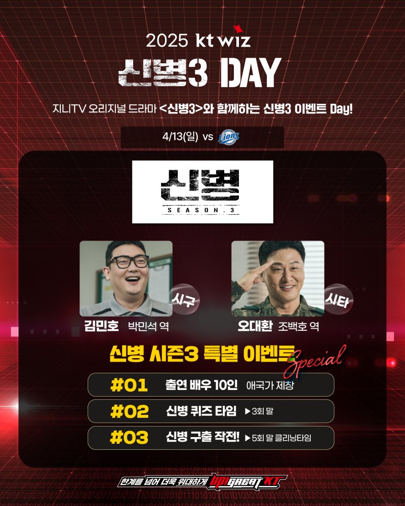 프로야구 KT 위즈는 13일 수원 KT위즈파크에서 열리는 삼성 라이온즈와 홈경기에서 지니 TV 오리지널 드라마 '신병3'와 함께하는 신병3 Day를 개최한다(KT 위즈 제공)