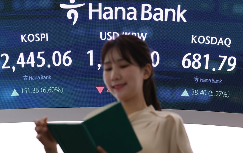 10일 오후 서울 중구 하나은행 본점 딜링룸 전광판에 종가가 표시되고 있다. /뉴스1 ⓒ News1 오대일 기자