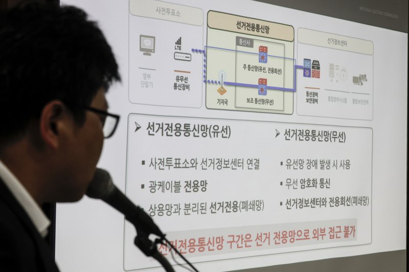 10일 경기 과천시 중앙선거관리위원회에서 열린 21대 대선 (사전)투·개표 절차 시연회에서 선관위 관계자가 (사전)투·개표 보안관리체계에 대해 발표하고 있다. (공동취재) 2025.4.10/뉴스1 ⓒ News1 박지혜 기자