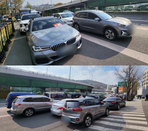 10일 오후 서울 용산구 한남동 관저 인근 집회 현장에 참가자들의 차량이 이중, 삼중으로 무단 주차된 상태다. / 뉴스1 권진영 기자
